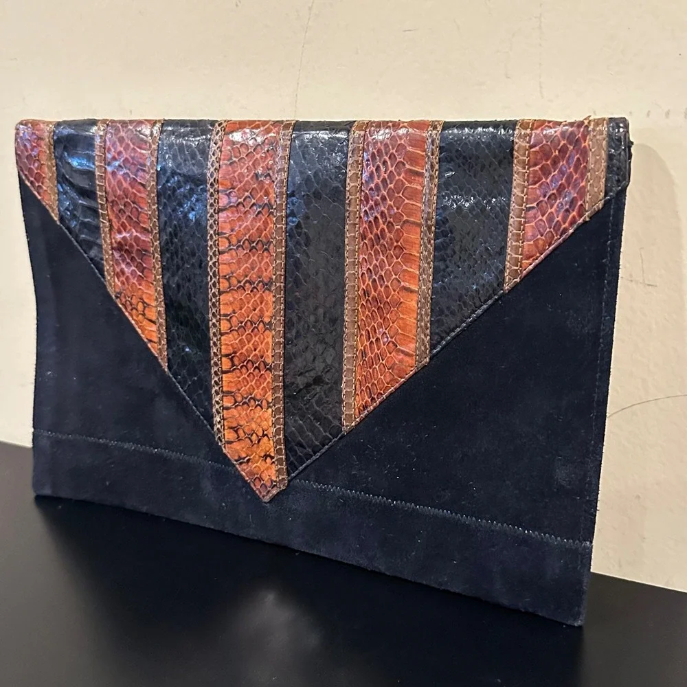 Vintage Patchwork Envelope Clutch Bag Black Brown